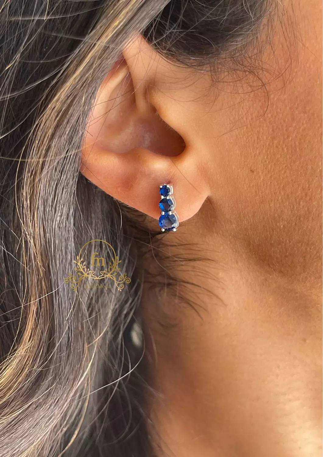 Three blue stones silver earrings hover image