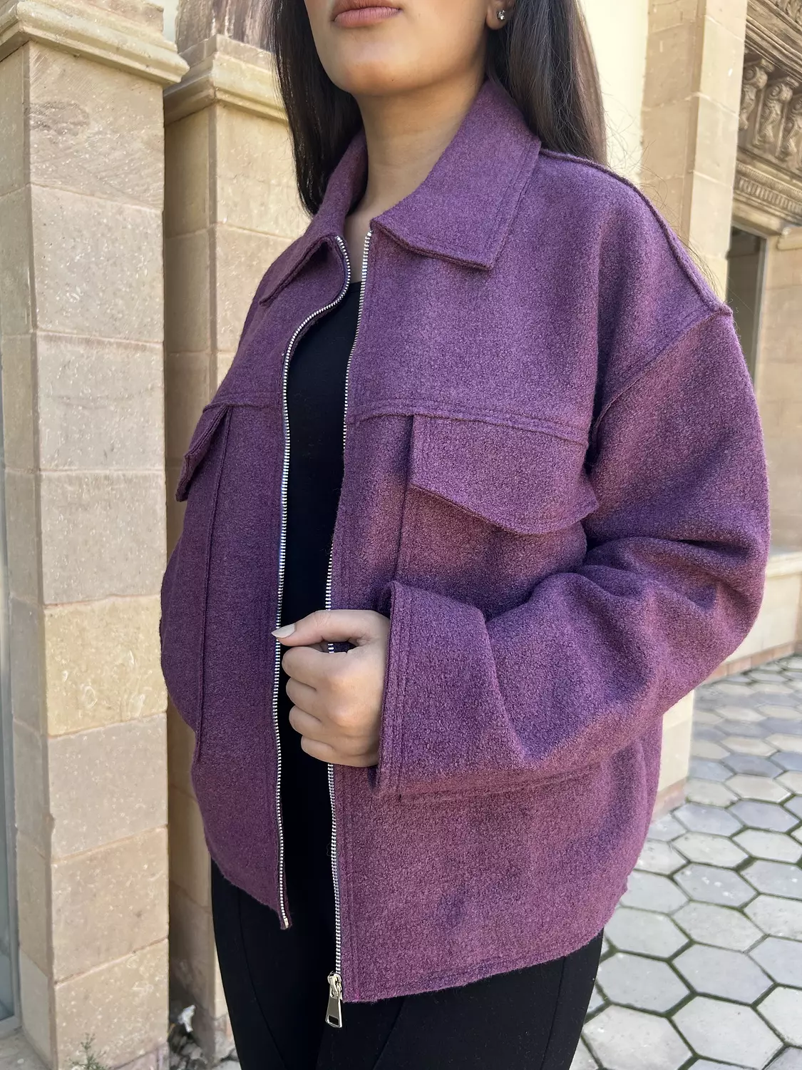 Oversized pocket bouclet jacket in Purple 4