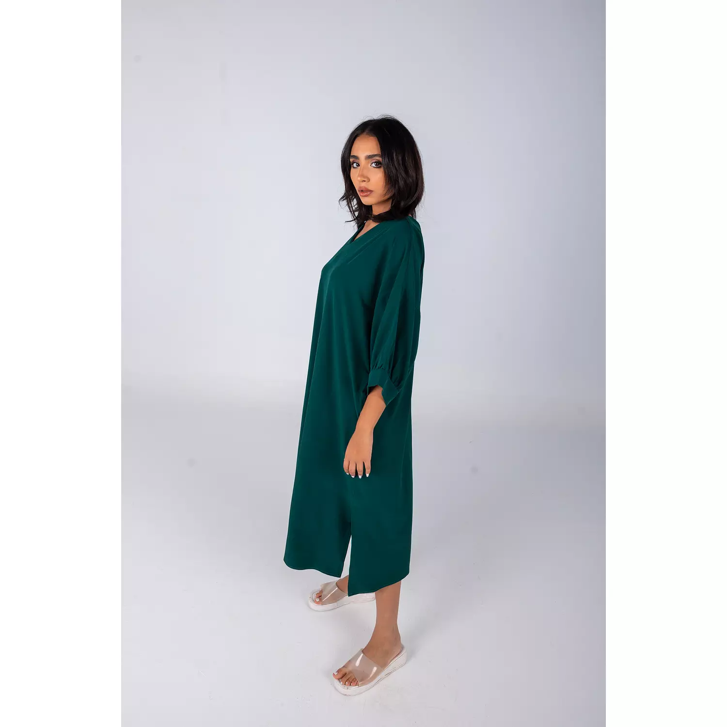 Dark Green Plain Linen Dress  2