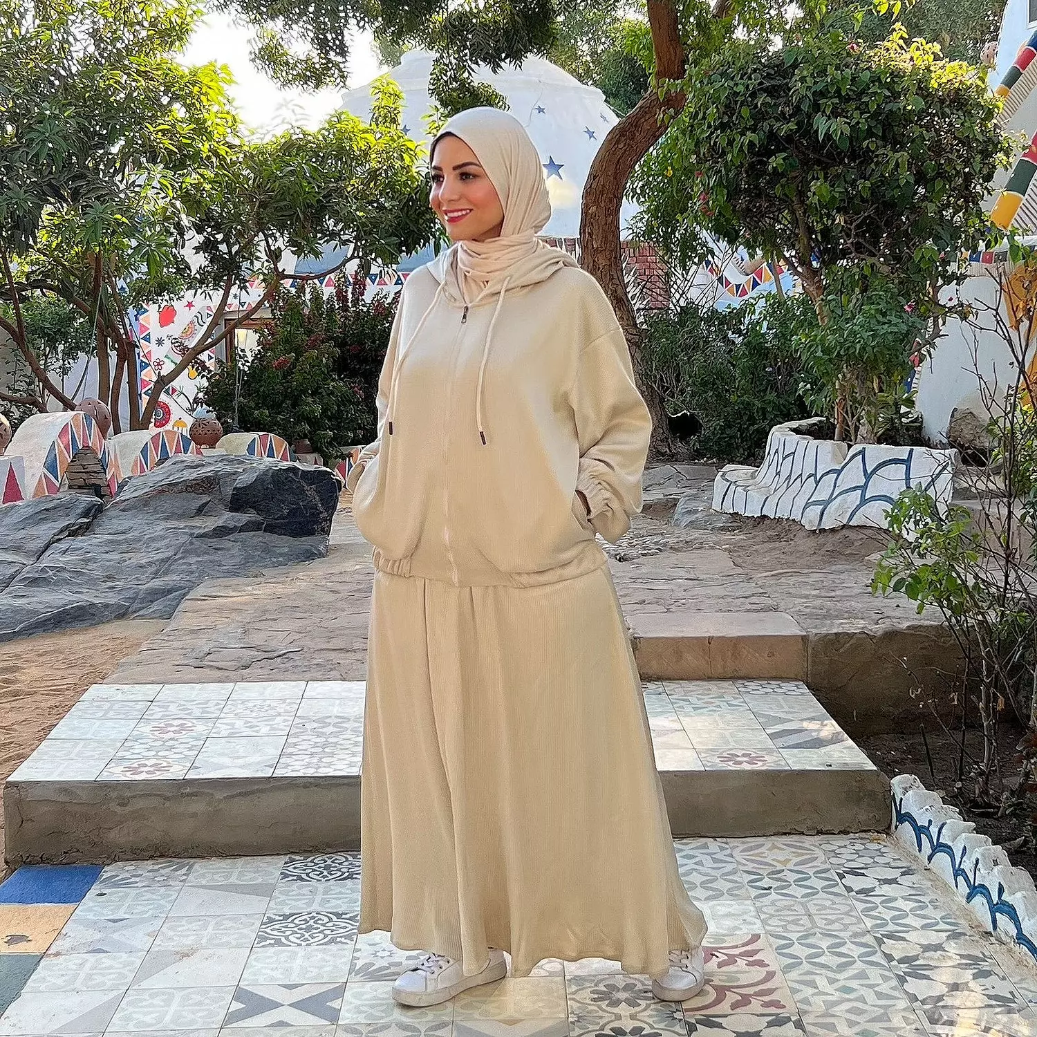 Hijab Ribbed Skirt Set - Beige-2nd-img