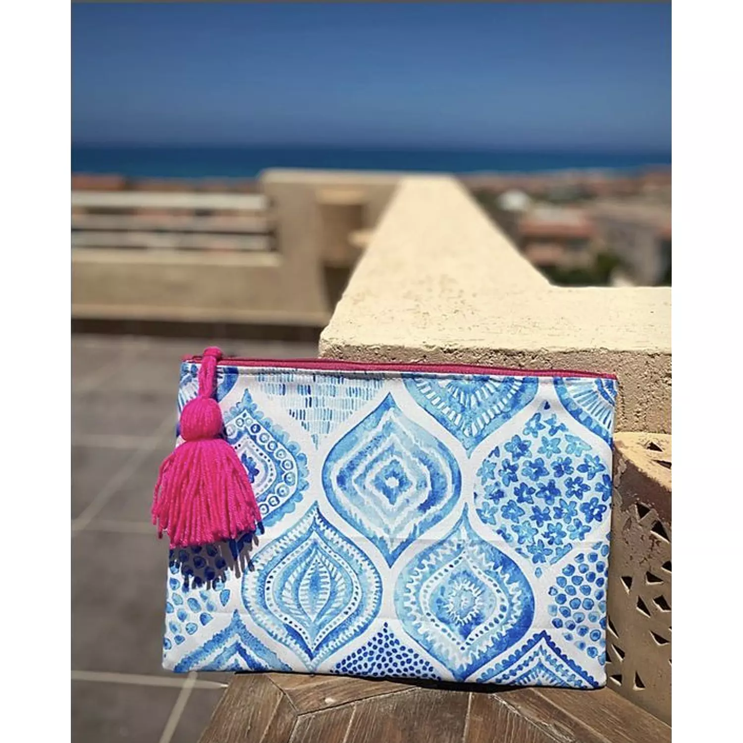 Blue Damask Canvas Fabric Pouch (by order) 1