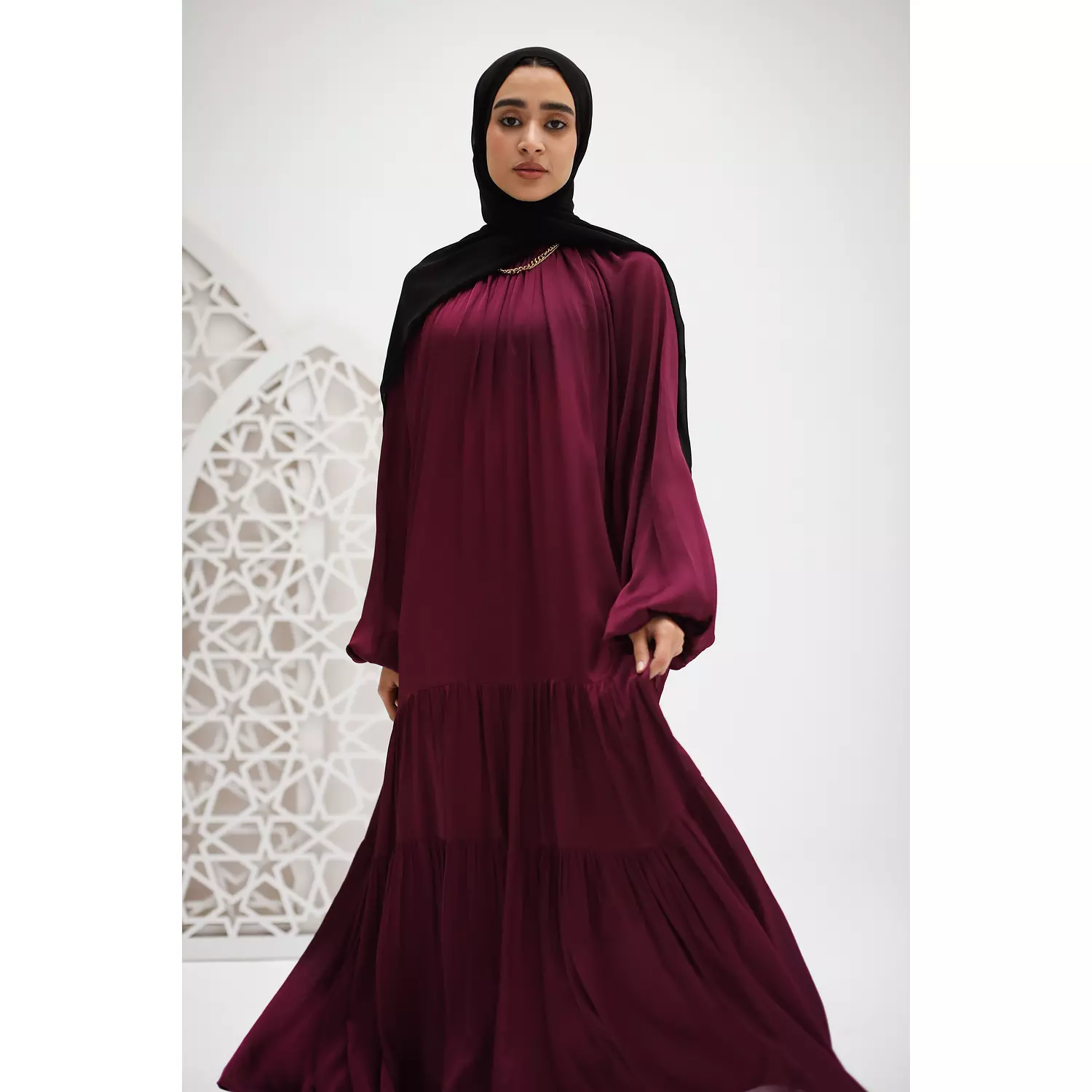 Shimmery Satin Layered Dress in Dark burgandy 2