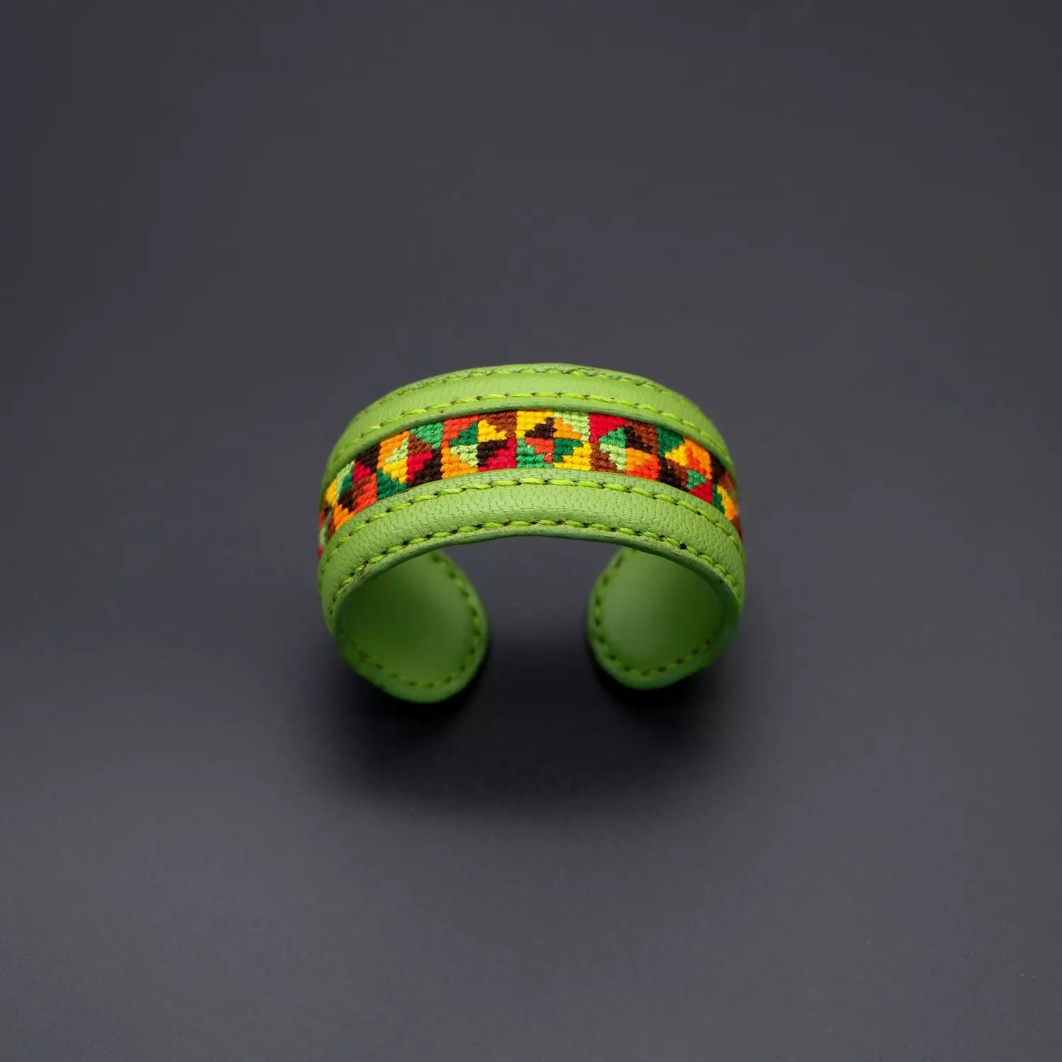  Light green genuine leather cuff with colorful Cross-stitching hover image