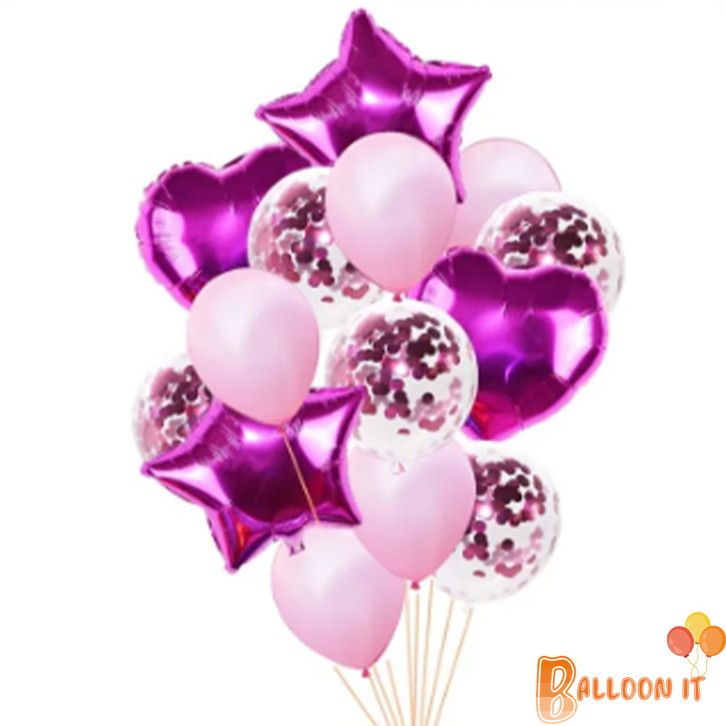 14 Pcs fusha Multi Confetti Balloons Set, Star/Heart Foil Balloons , Latex Balloons hover image