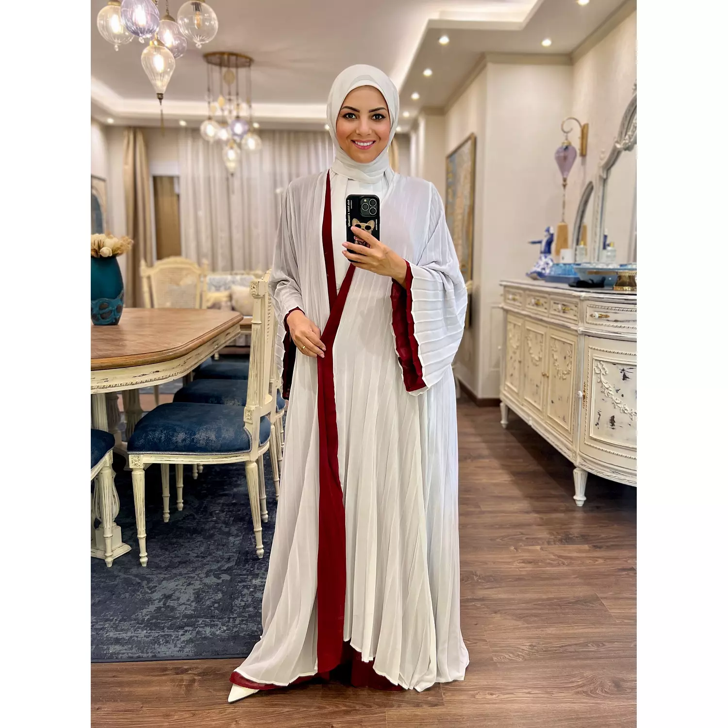 Double-faced Pleated Open Abaya- Maroon & White 4