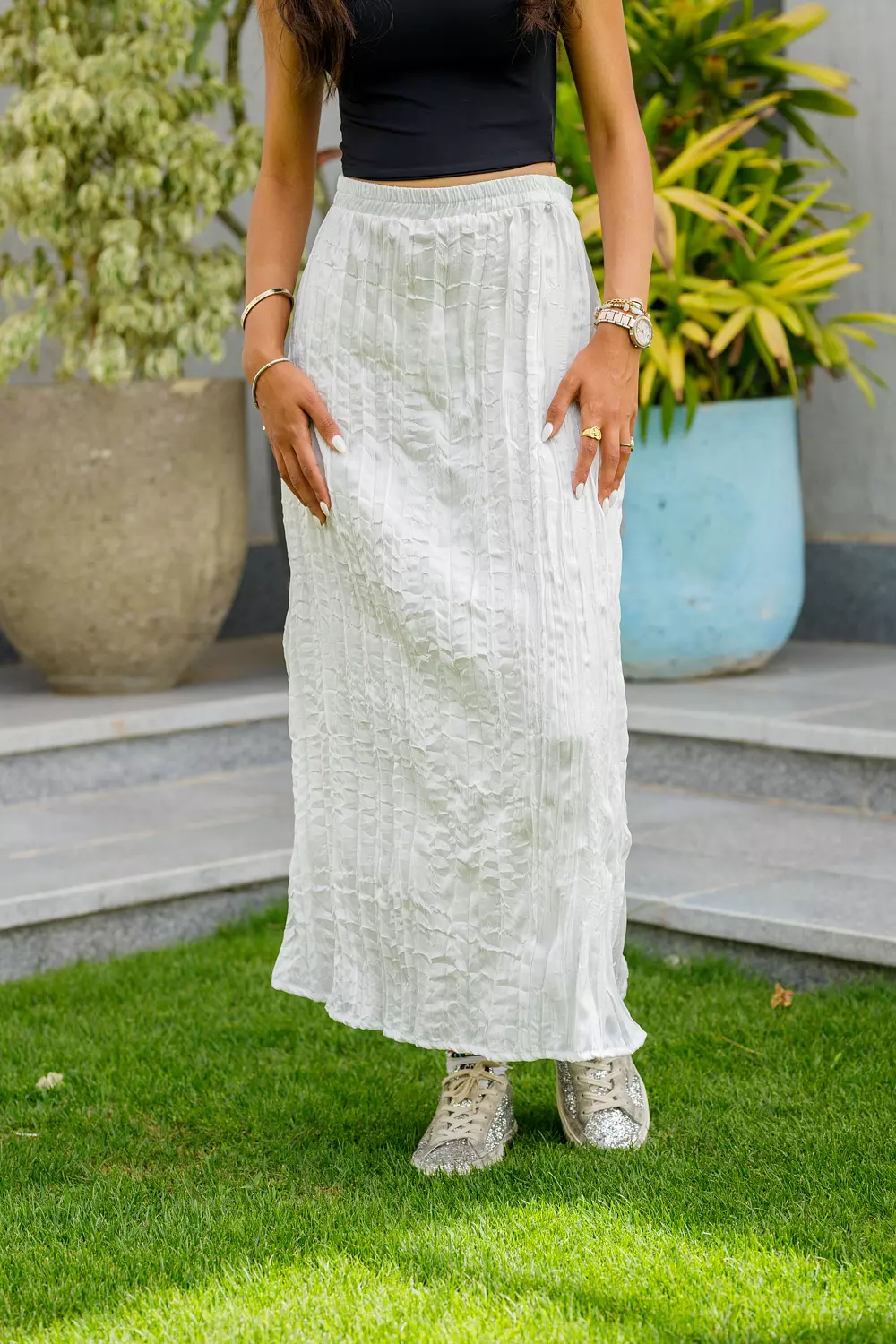 White crushed maxi satin skirt  hover image