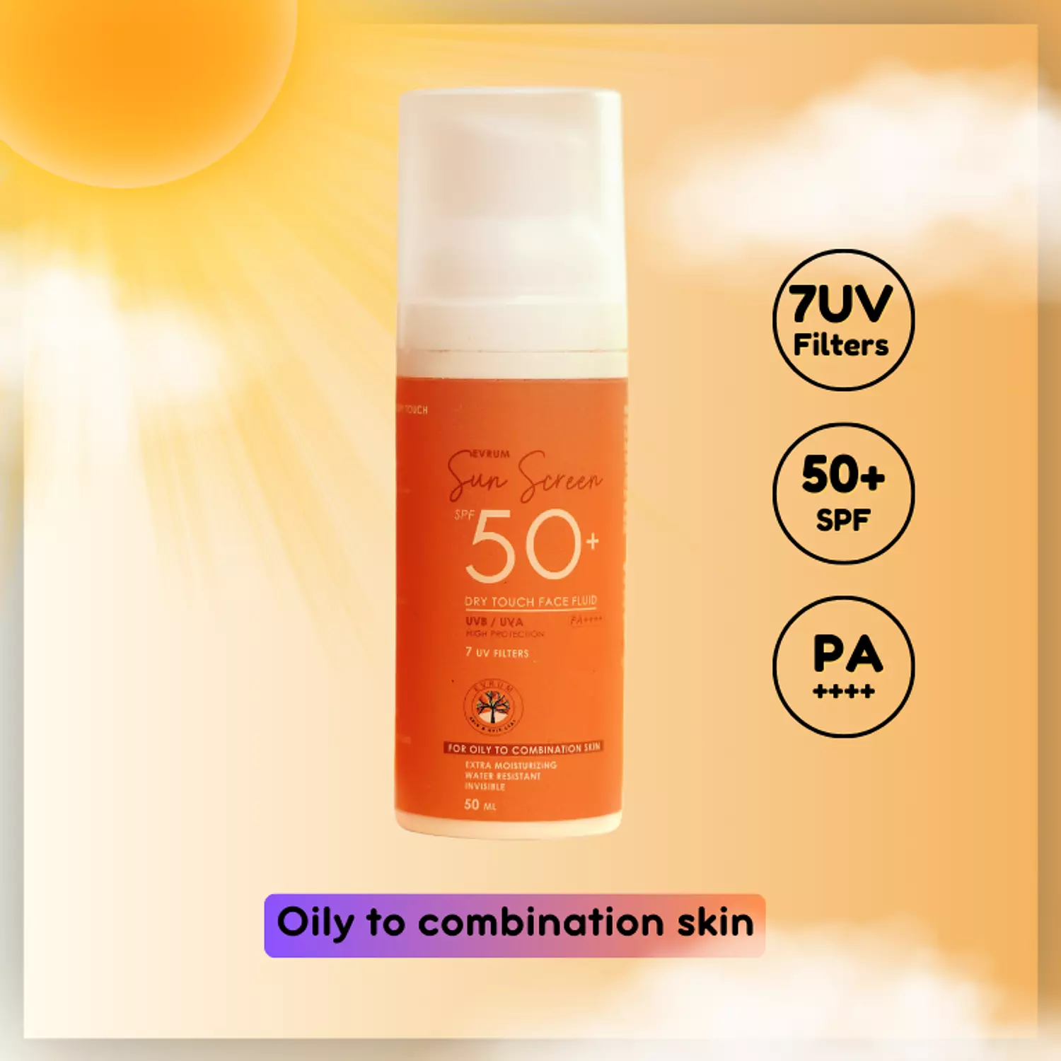 Evrum Sunscreen SPF 50+ Dry touch fluid 50ml For oily to combination skin hover image