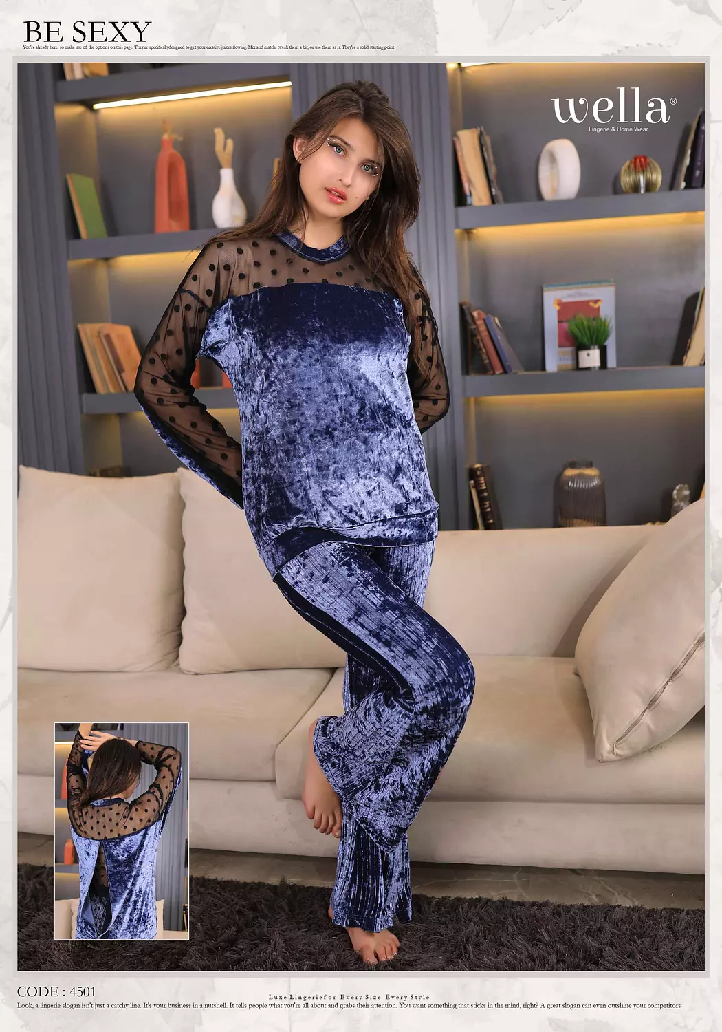 Luxurious velvet pajama with long transparent sleeves in dark blue hover image