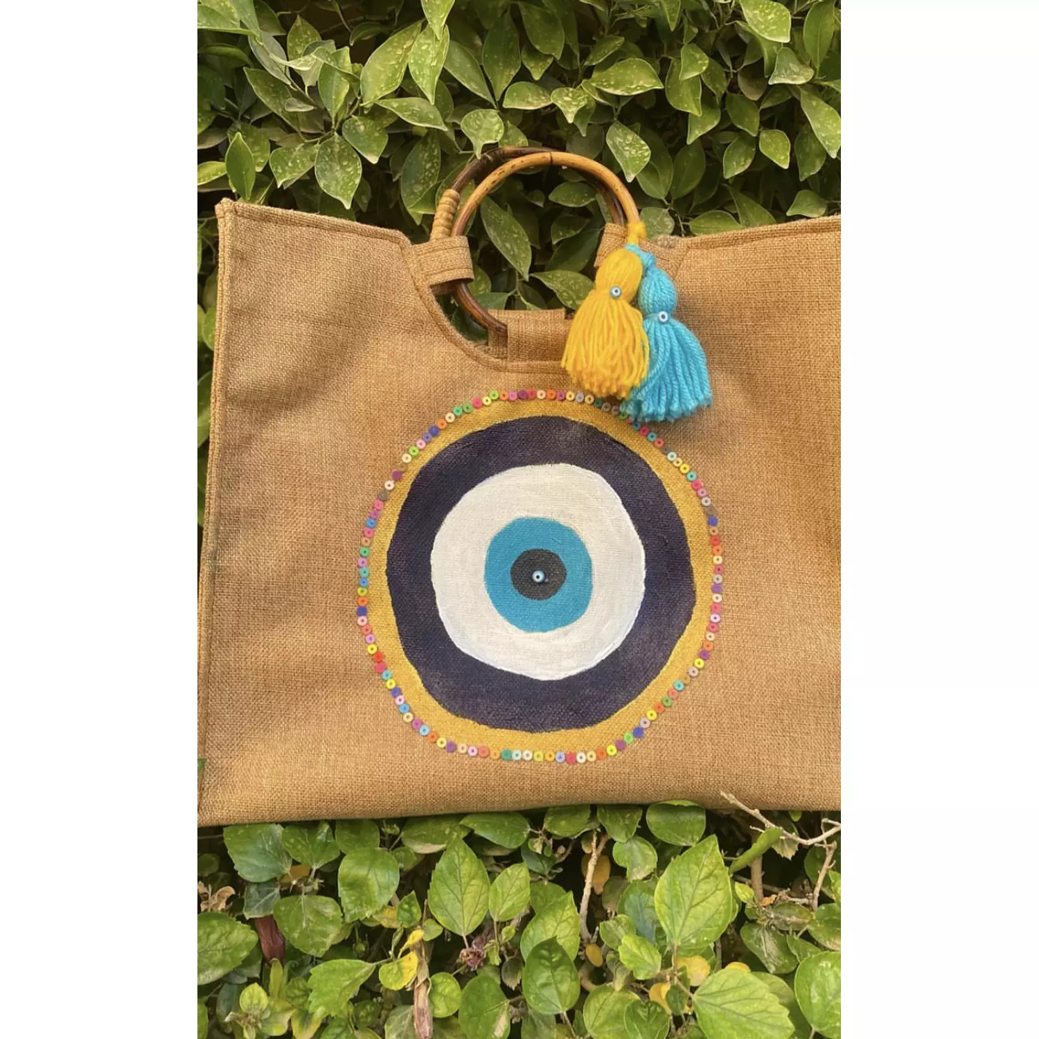 Turkish Eye Hand-Painted Burlap Tote by order hover image
