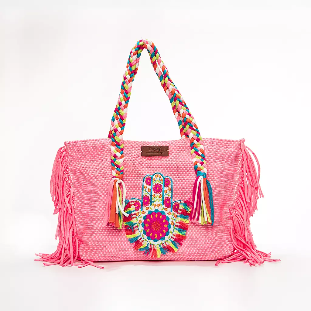 Pink Kilim Tote Bag with Hamsa Hand Badge