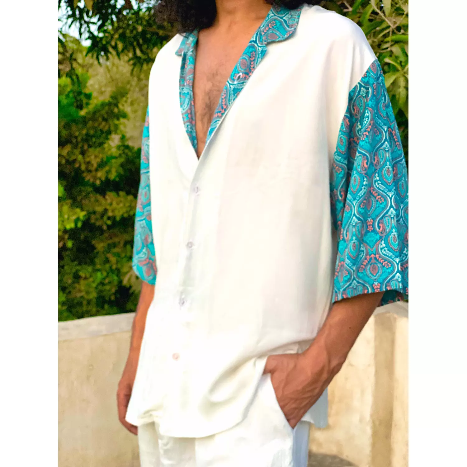 Loosefit White Viscose Shirt w/Blue Pattern Sleeves 1