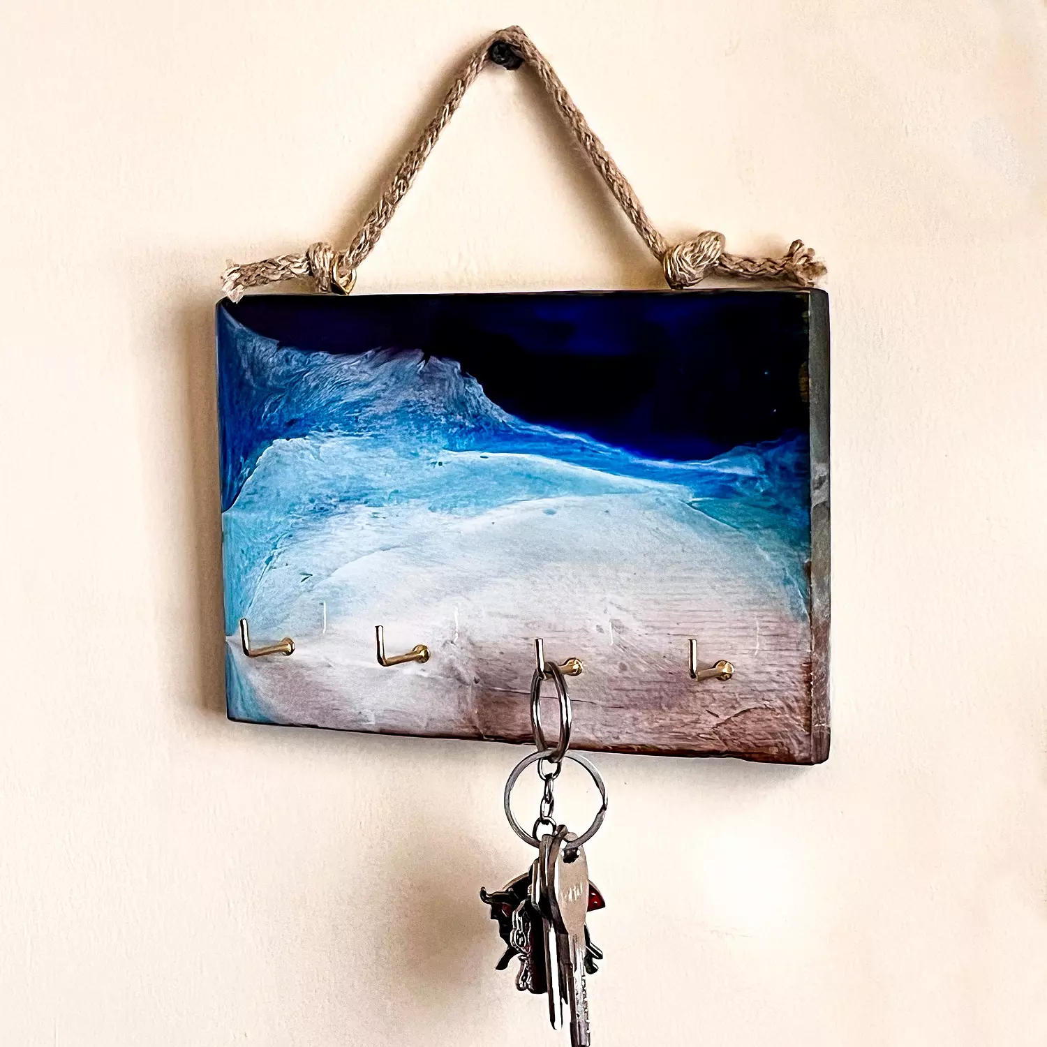 Dark blue sea live-edge keyholder 2