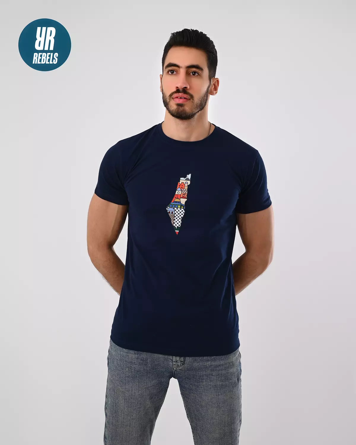 Navy Blue T-shirt -  colored Palestine map  hover image