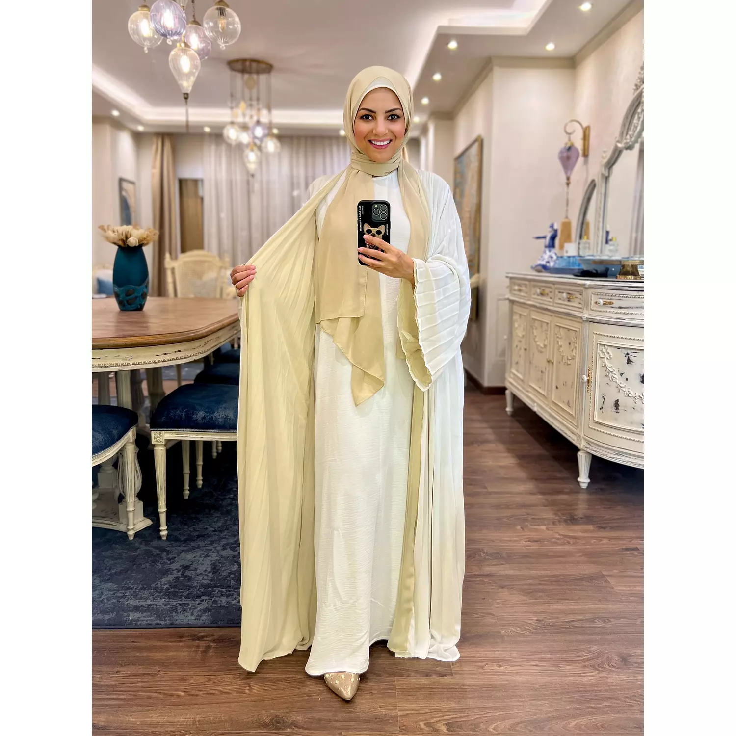 Double-faced Pleated Open Abaya- Off White & Beige hover image