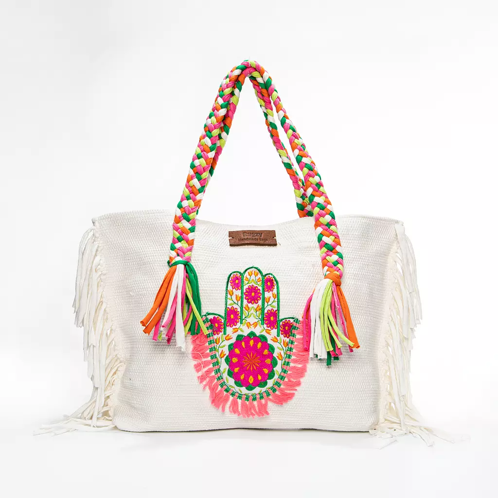 White Kilim Tote Bag with Hamsa Hand Badge