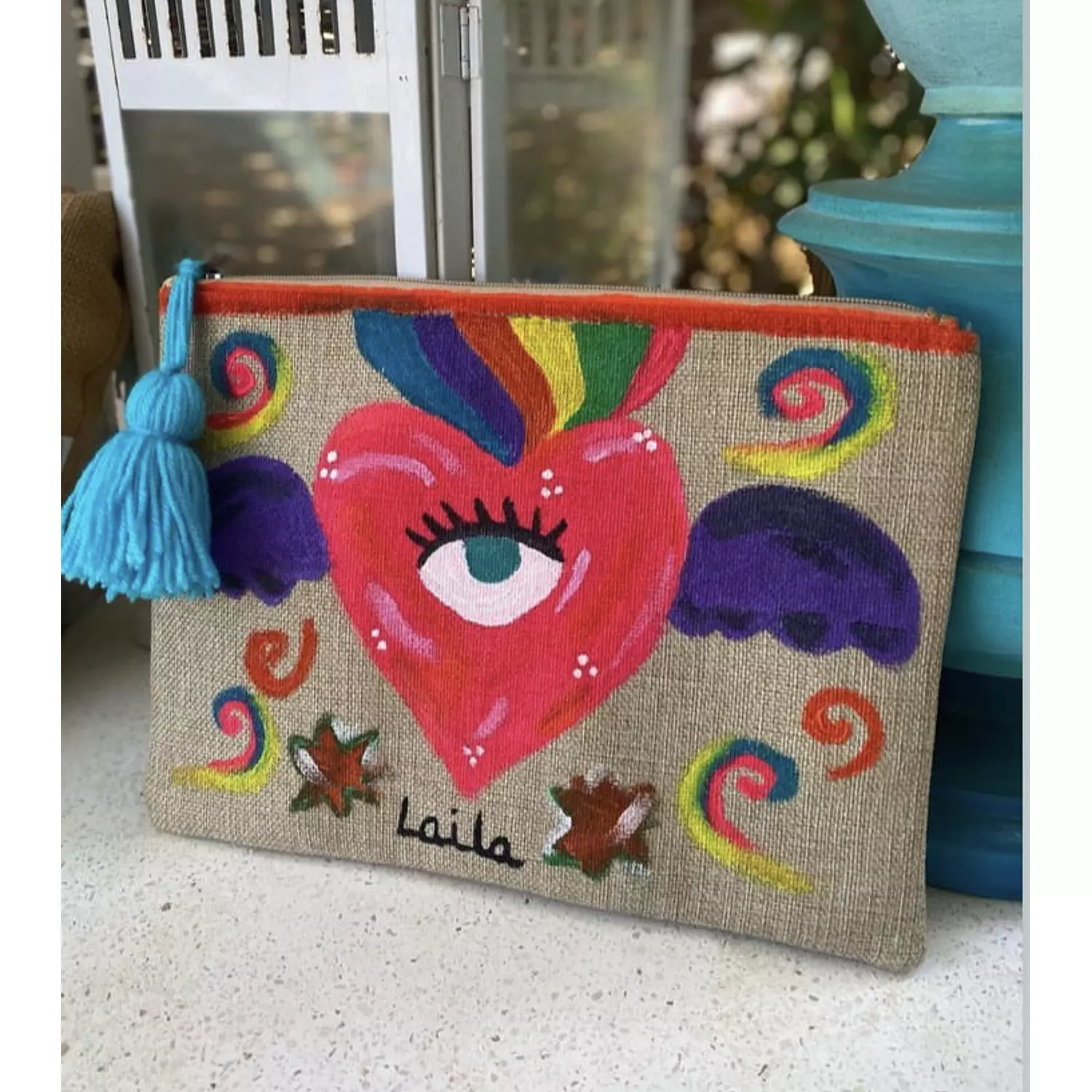 Heart-Rainbow Heart Handpainted Burlap Pouch 3