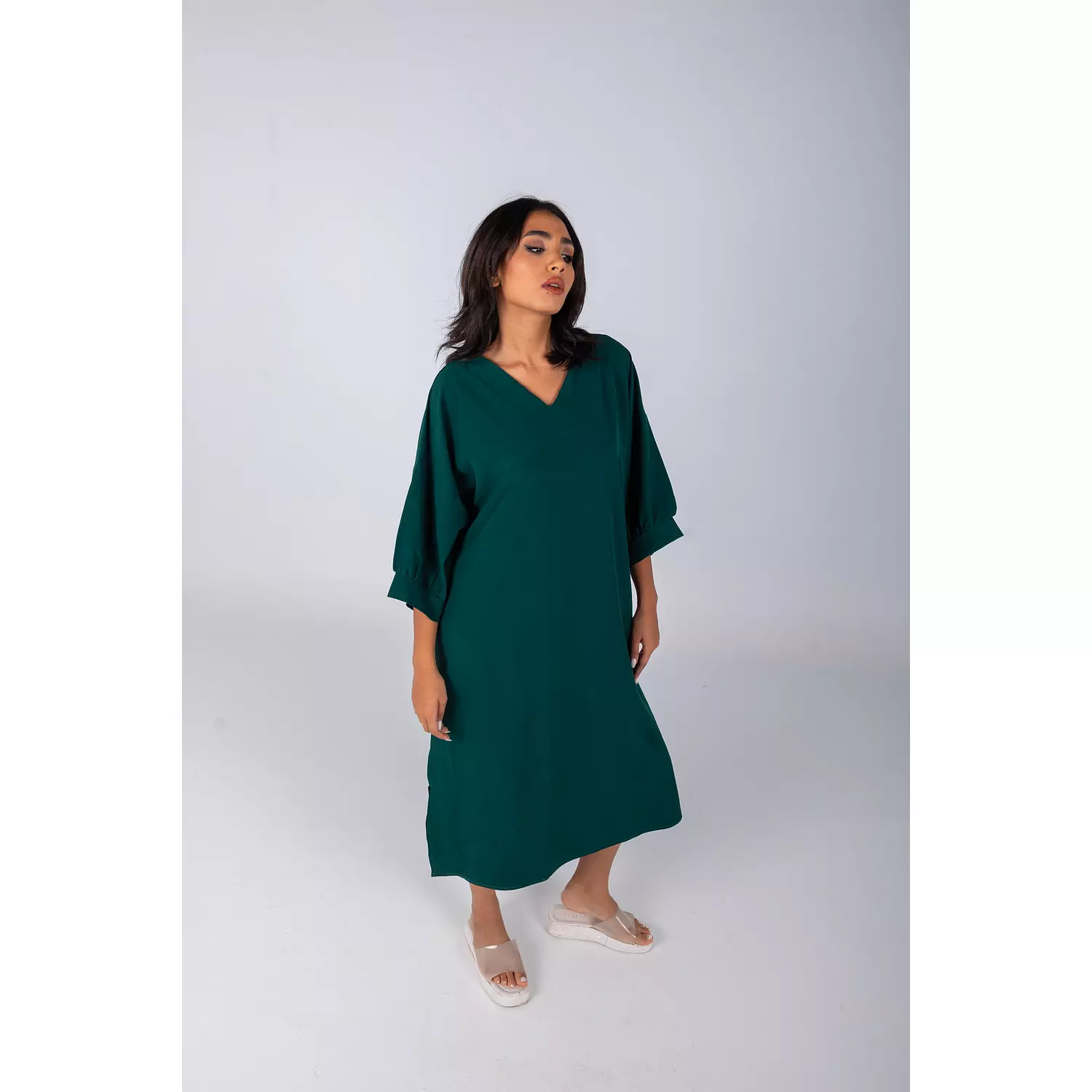 Dark Green Plain Linen Dress  0