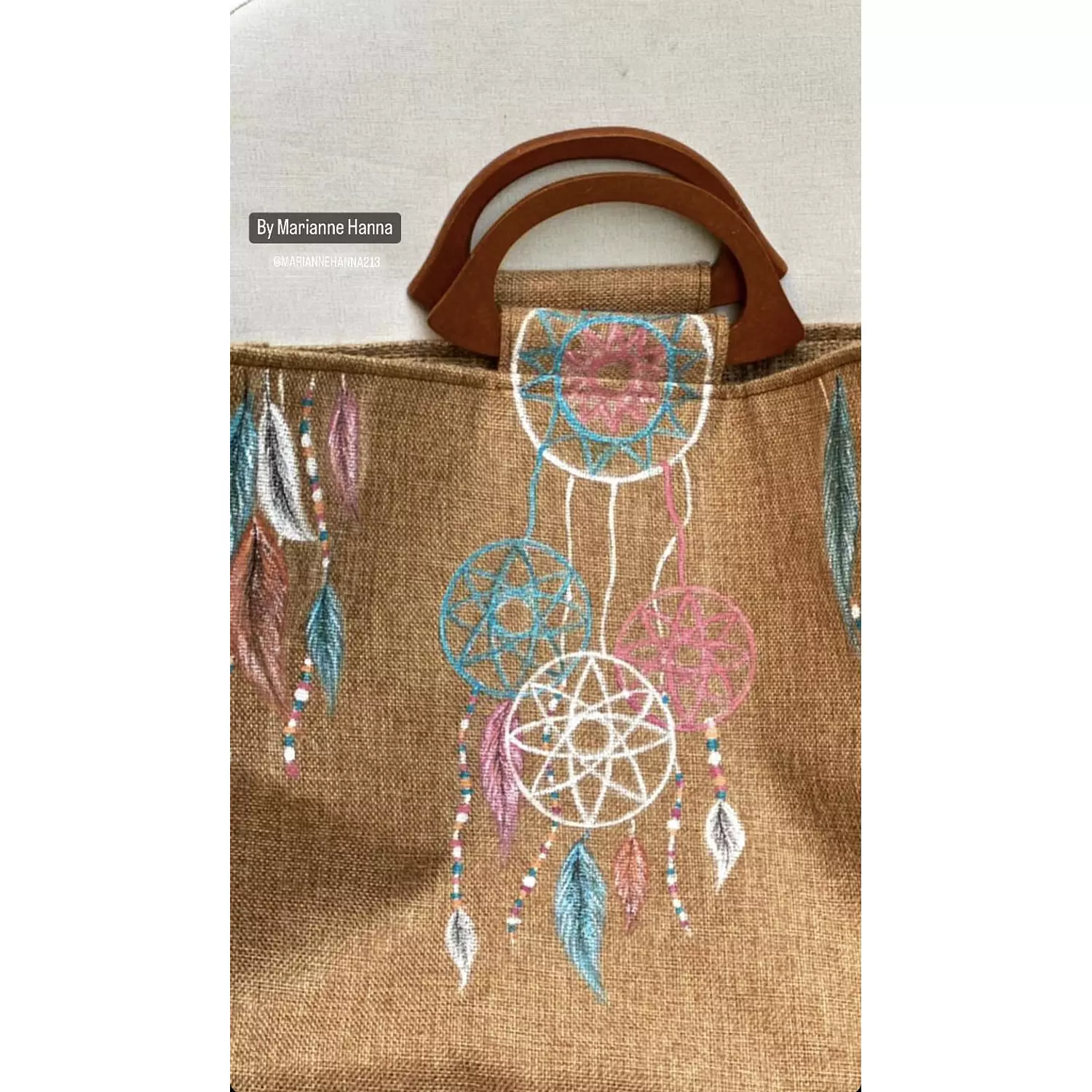 Dream-Catcher Hand-Painted Burlap Tote by Order 6