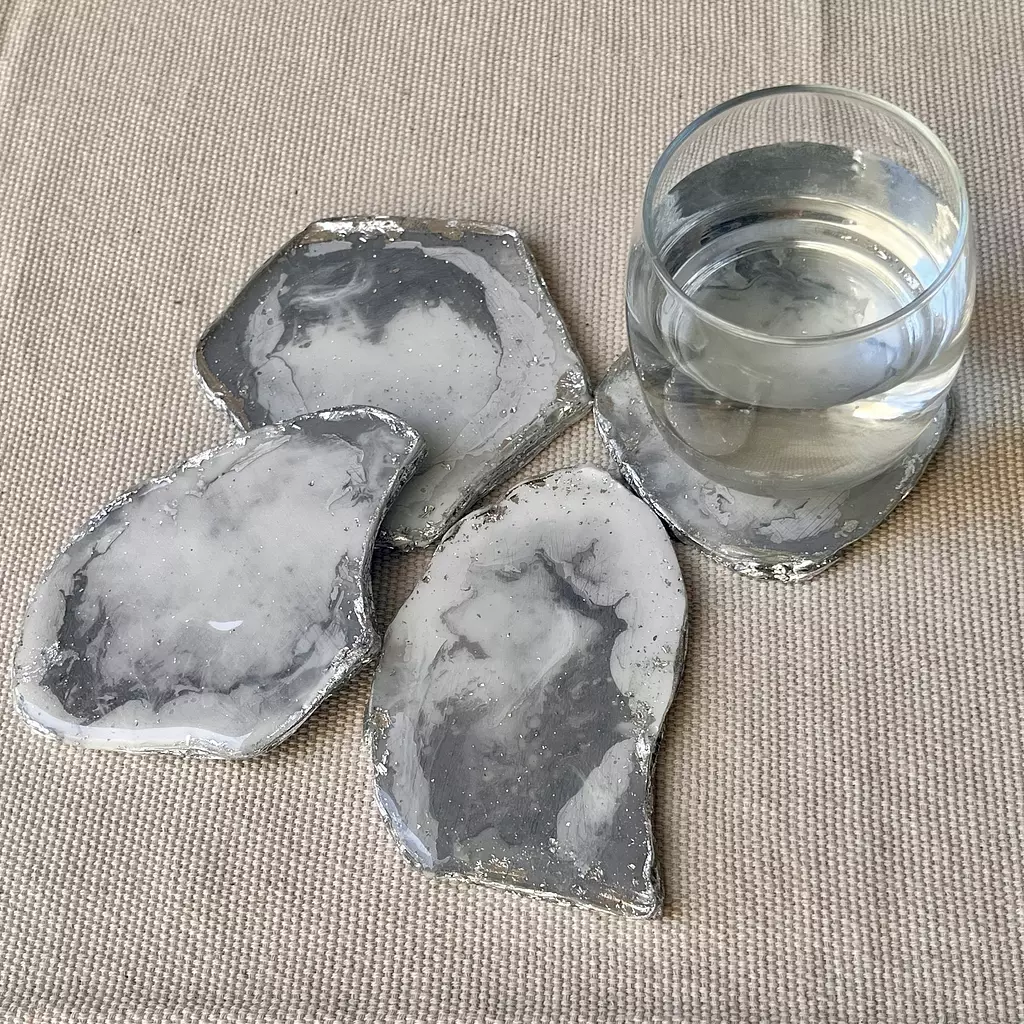 Grey/ White Agate Coasters With Silver edges