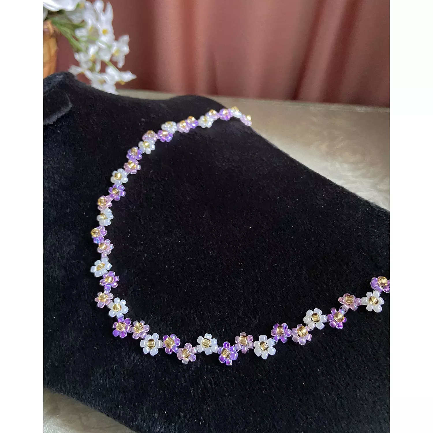 Purple shades with white flowers necklace  2