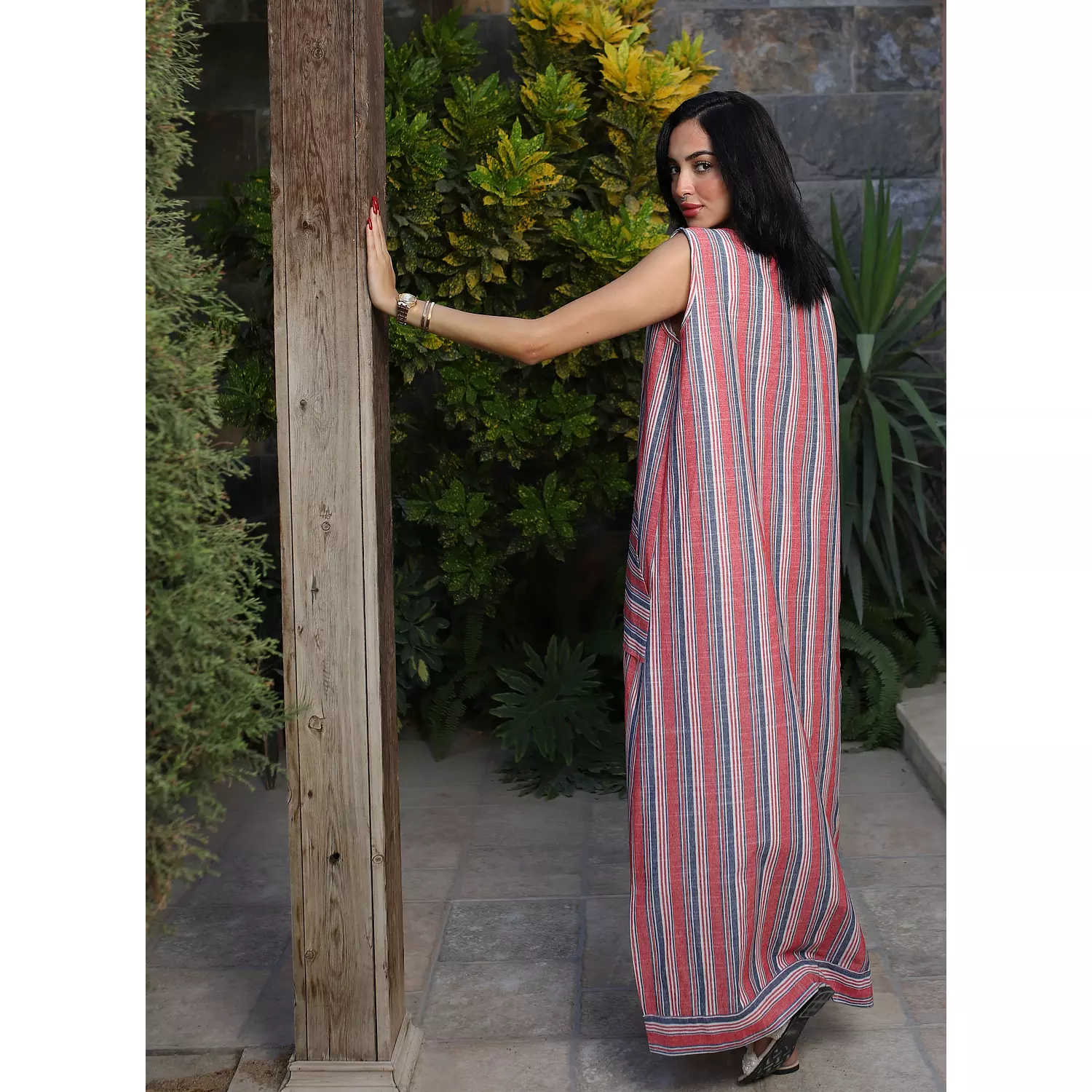 Stripped Linen Dress- Red Blue 2