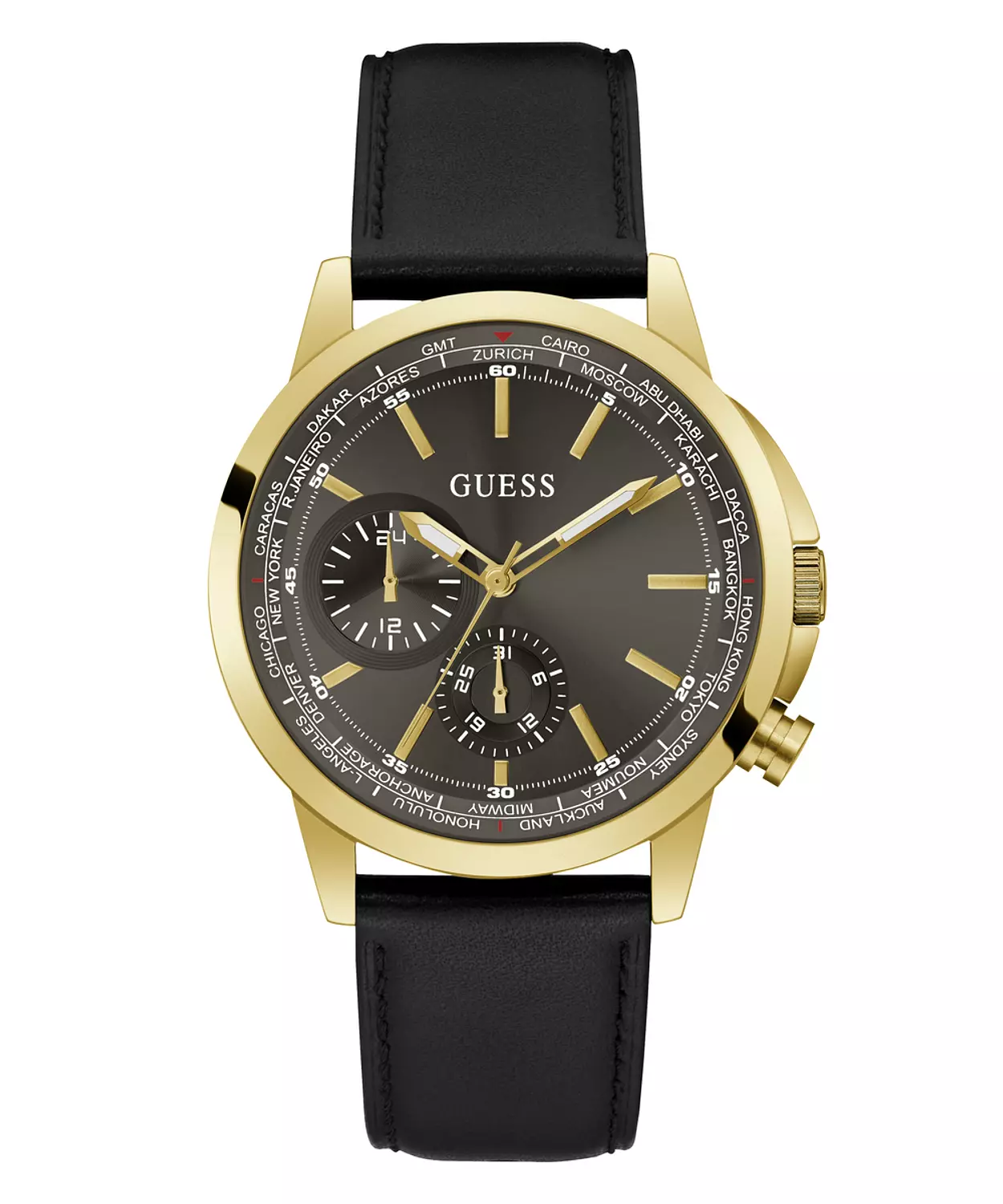 GUESS GW0540G1 ANALOG WATCH For Men Round Shape BlackGenuine Leather Smooth Strap 0