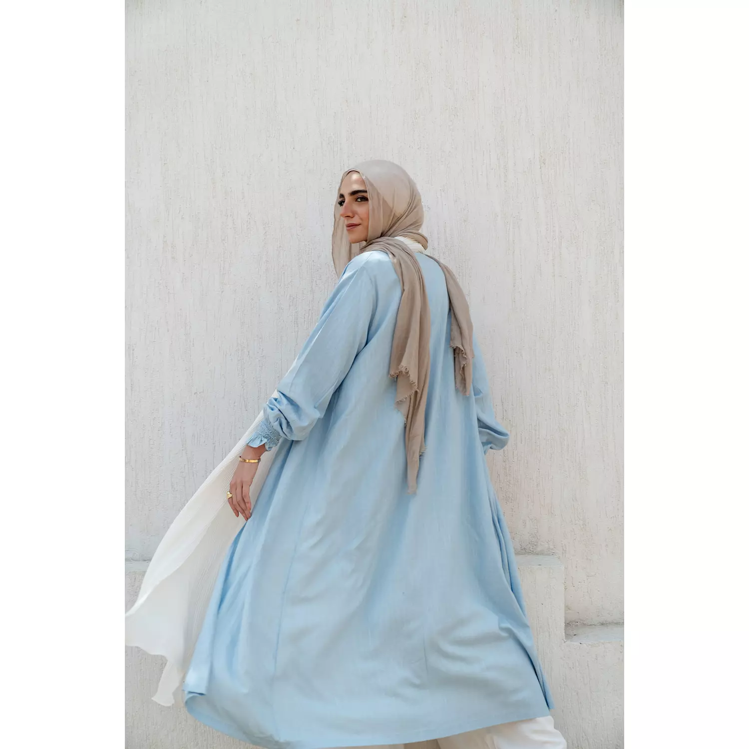 Linen x Chiffon Pleated Collar Kimono in Baby blue 3