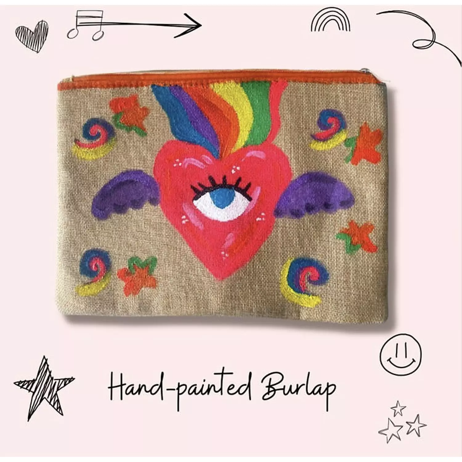 Heart-Rainbow Heart Handpainted Burlap Pouch 4