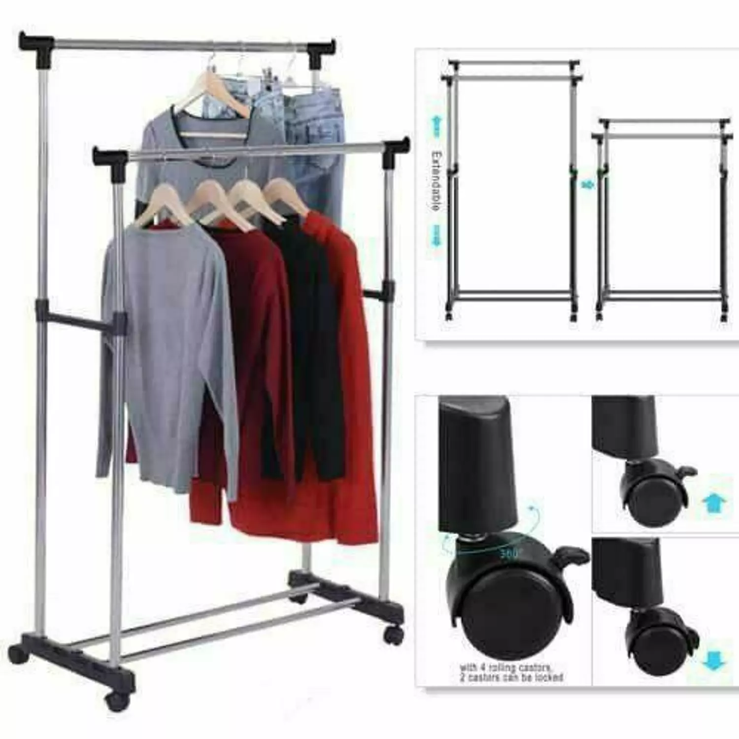 Clothes portable Rack Hanger Extendable Rolling Double pole 2