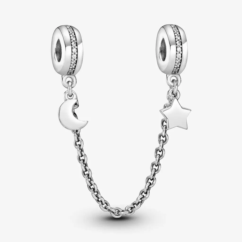 Moon and star silver safety chain with clear cubic zirconia