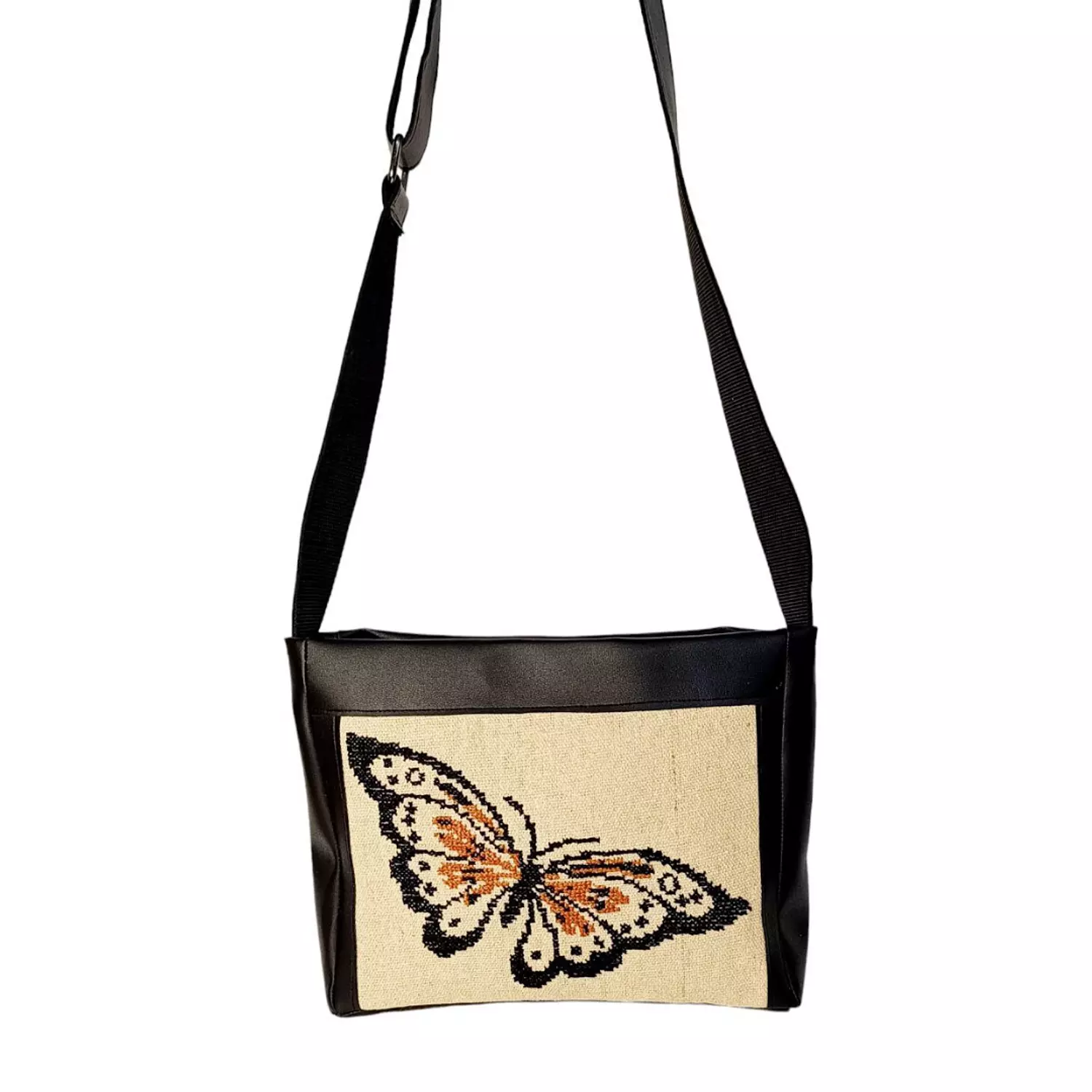 Black leather and beige dekke with handmade embroidery butterfly (A.91-4) 1