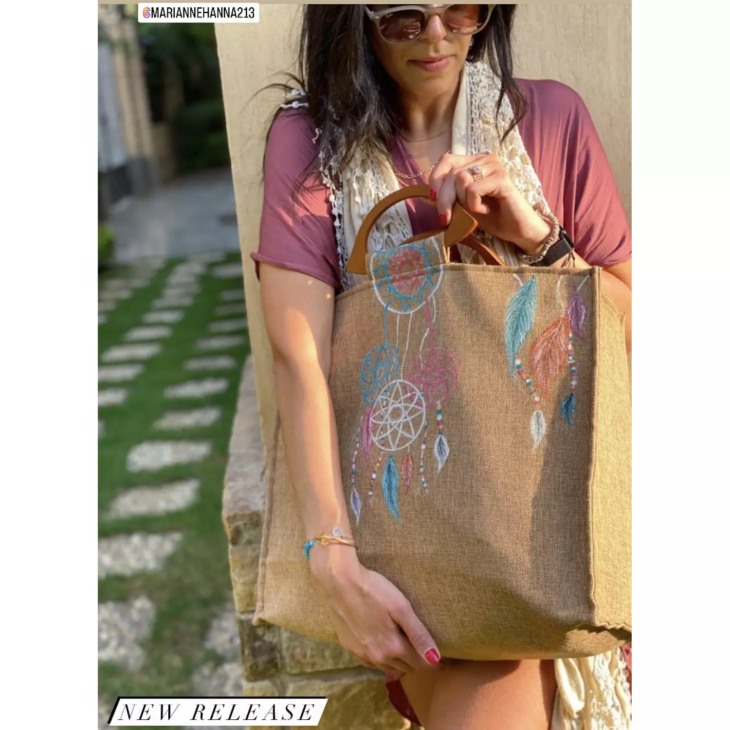 Dream-Catcher Hand-Painted Burlap Tote by Order 1