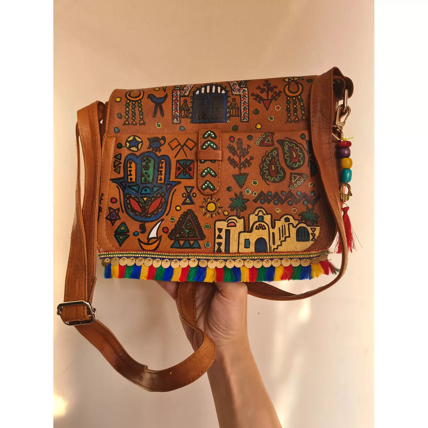 Handpainted genuine leather crossbody with Nubian design  2