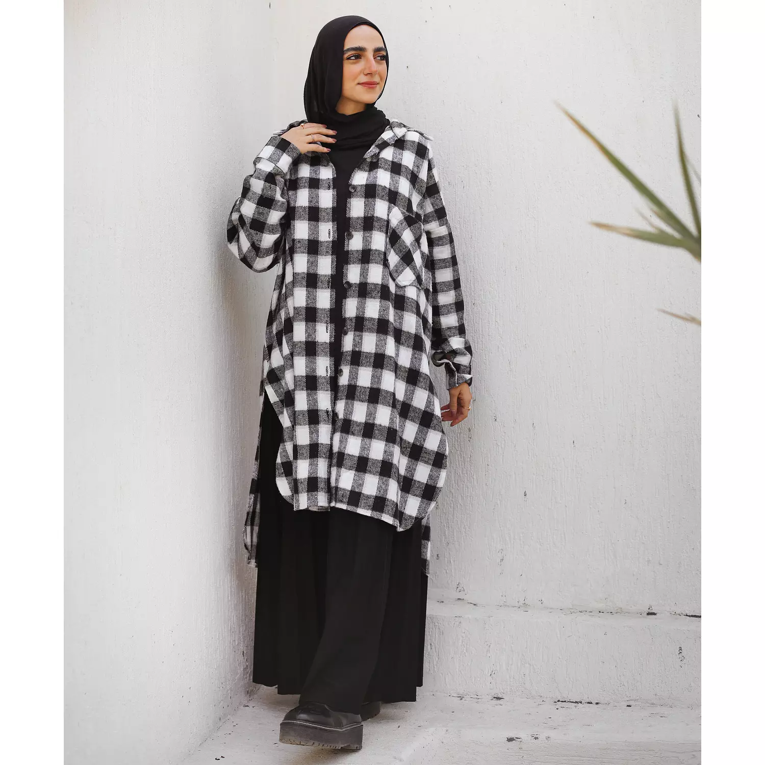 Black & White Checkered Wool Long Shirt hover image