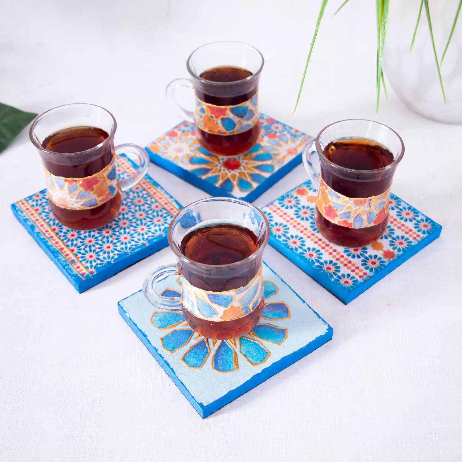 Blue Islamic stars coasters wooden tray  2