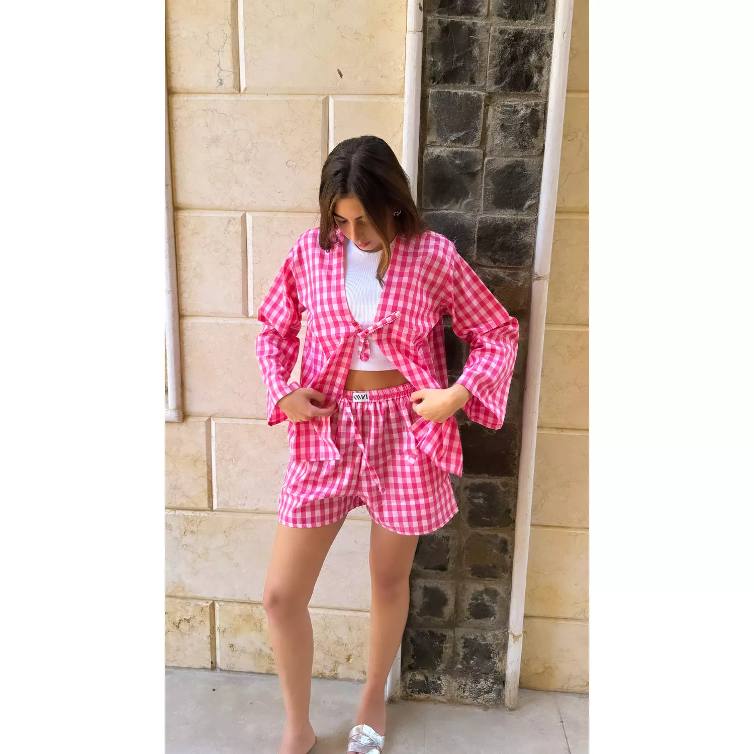 Pink gingham squared shorts    hover image