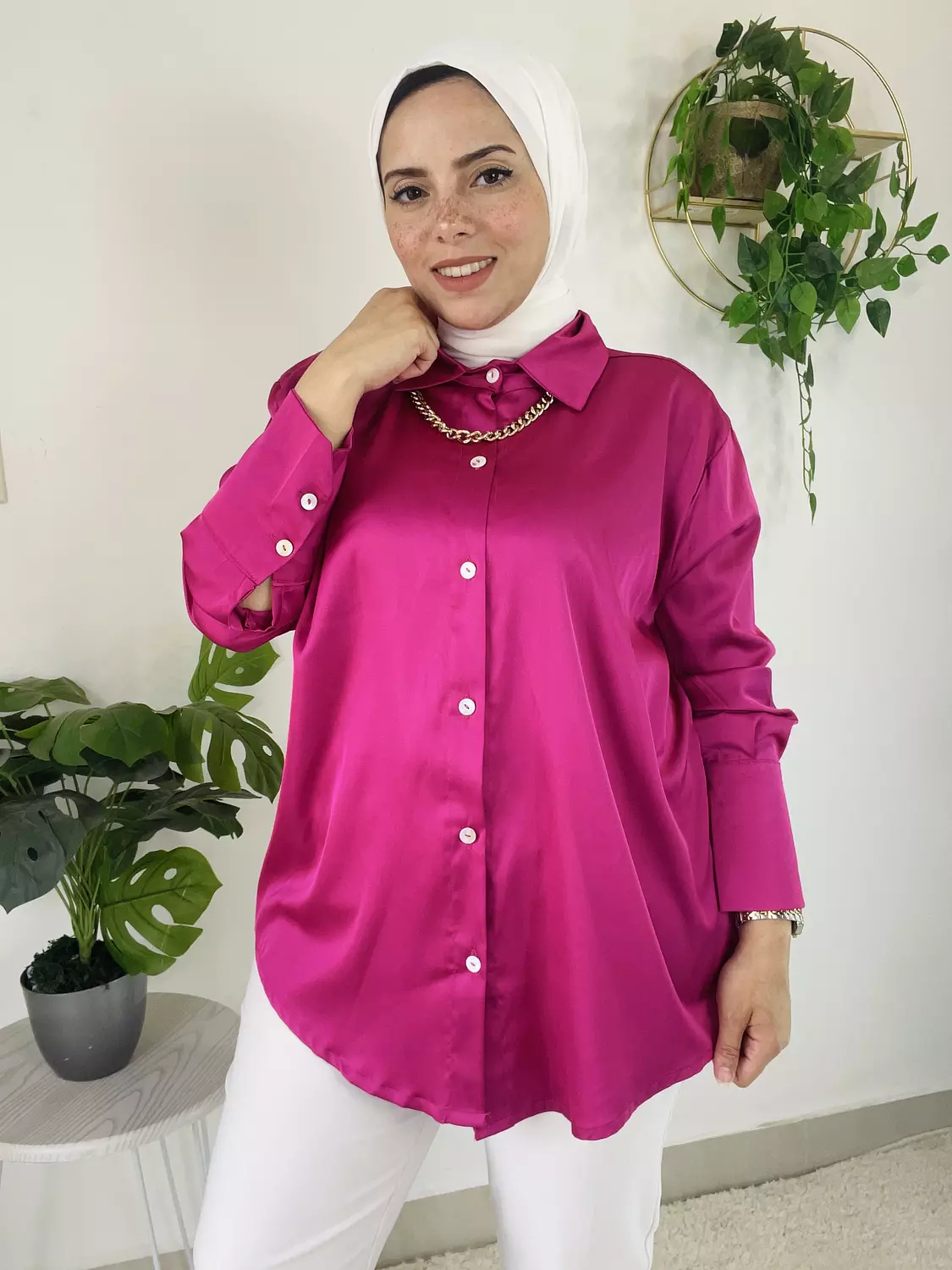 Satin Blouse with shell buttons hover image