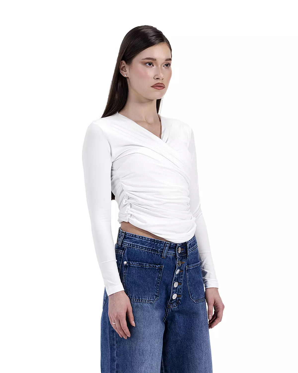 White Ruched Top  Long Sleeve     hover image