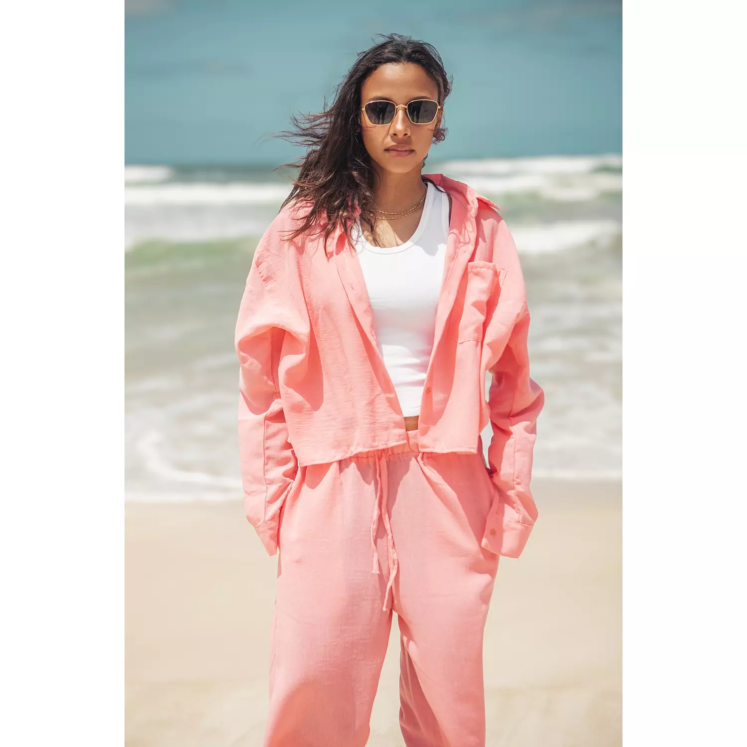 Cropped Pink Linen Jacket hover image