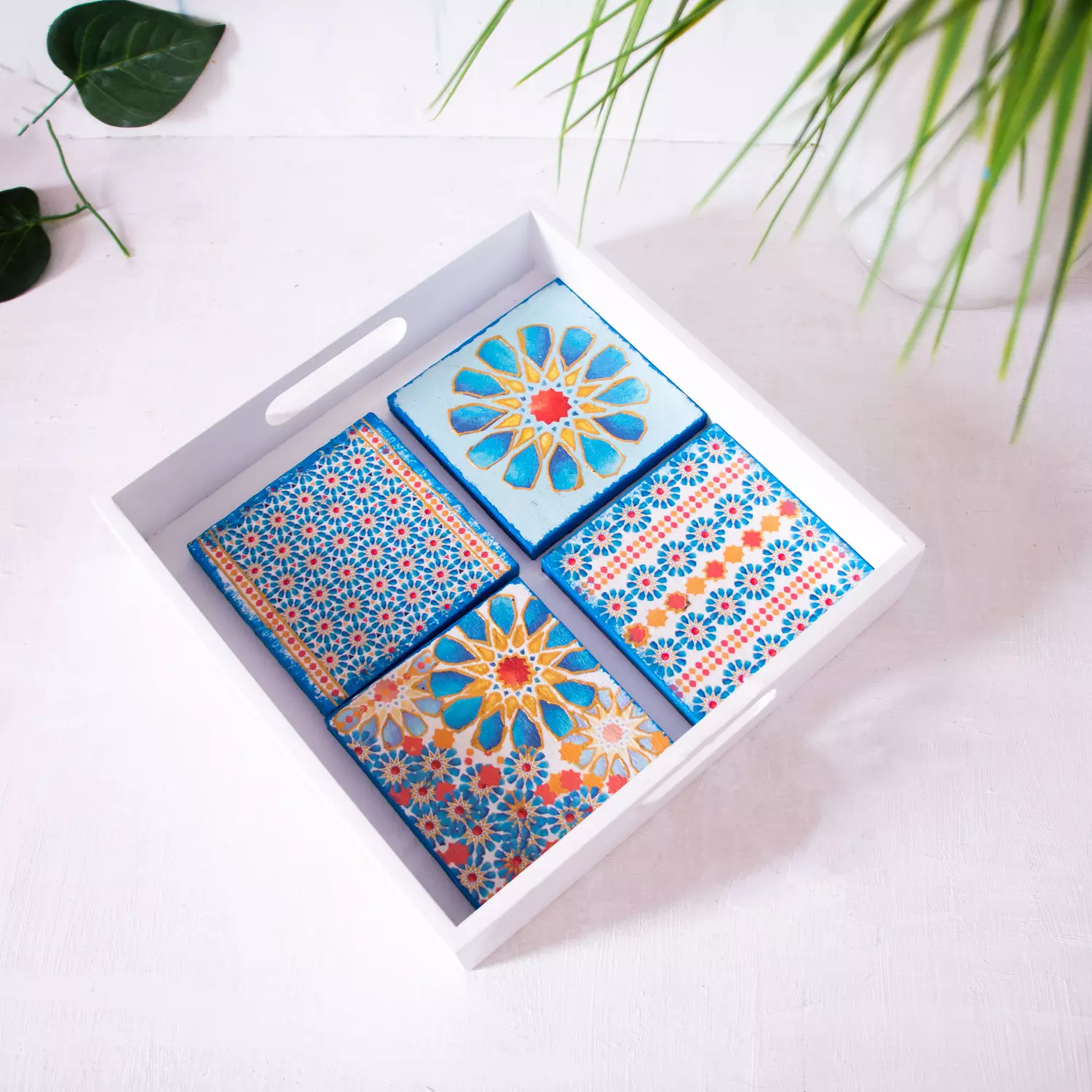 Blue Islamic stars coasters wooden tray  3