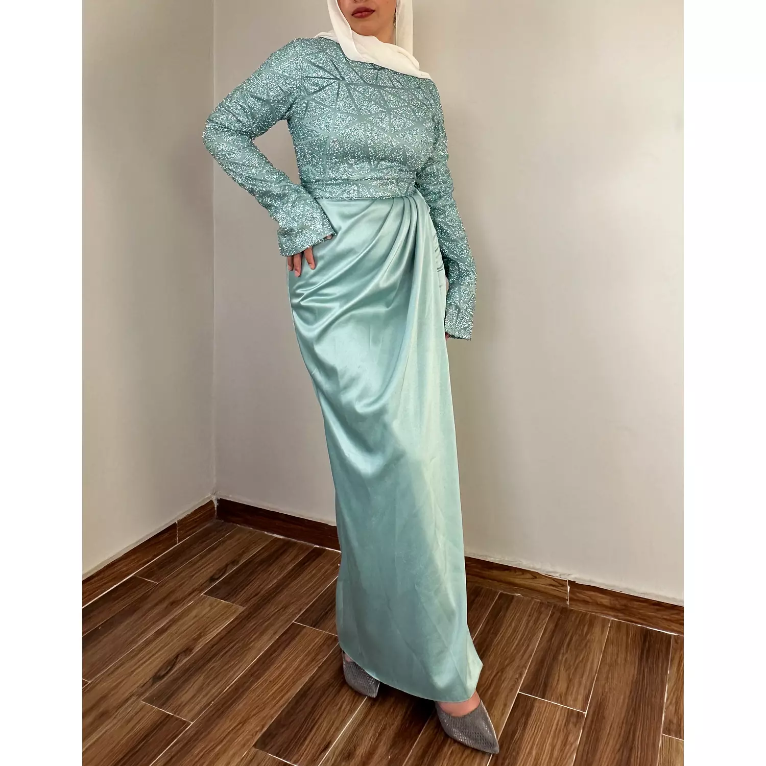 Satin dress with embroidered top in Mint green 3