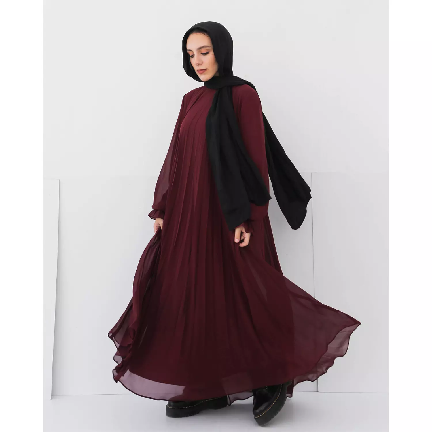 Burgundy Cloach Pleated Dress hover image