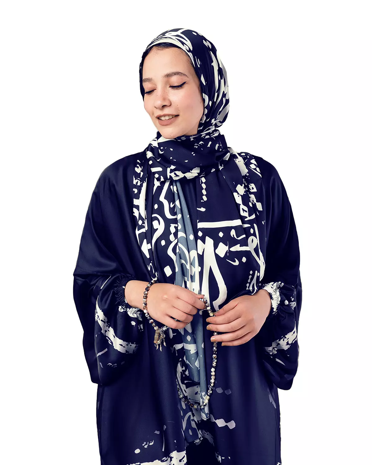 Satin Isdal with seperate scarf-Dark Blue -Arabic caligraphy 1