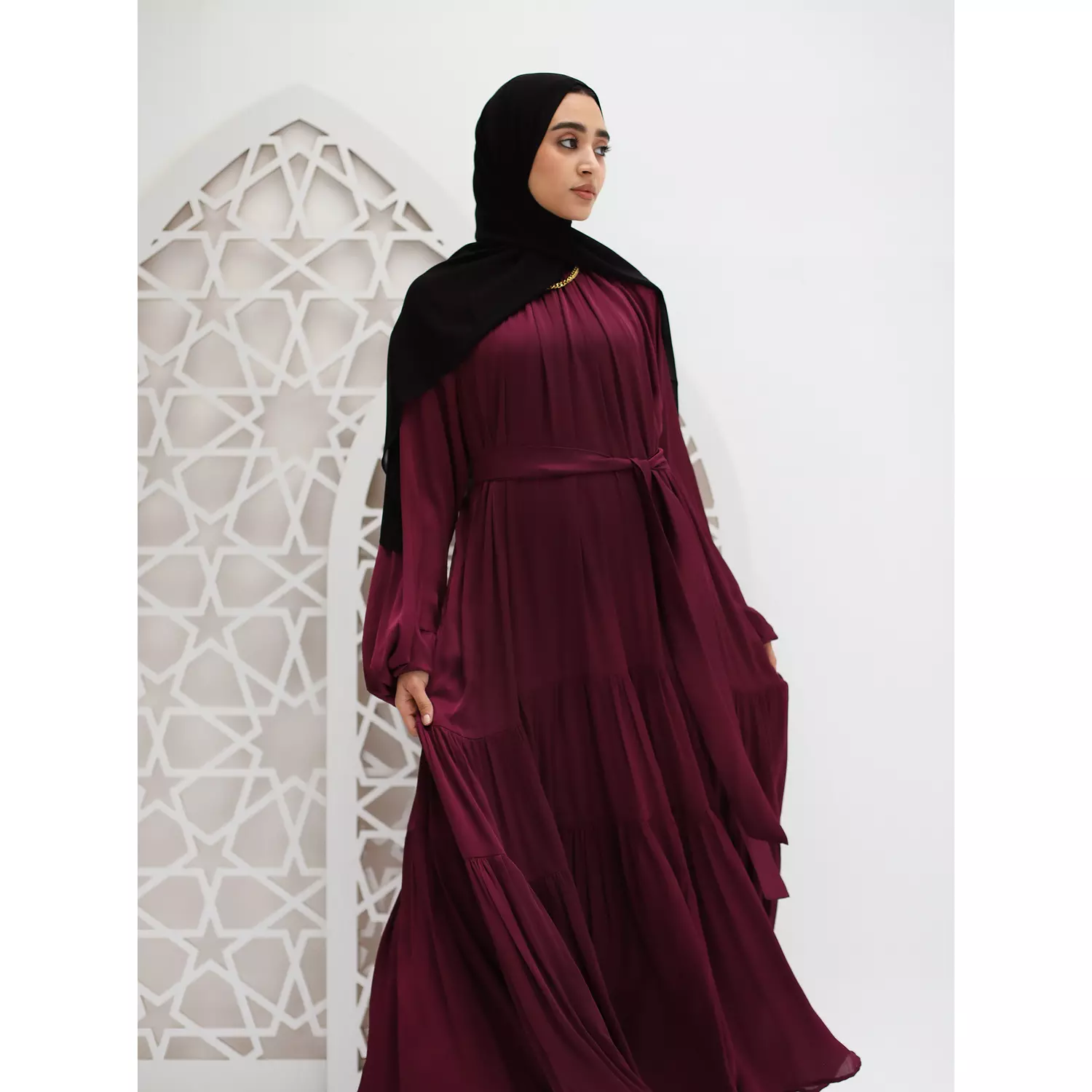 Shimmery Satin Layered Dress in Dark burgandy 1