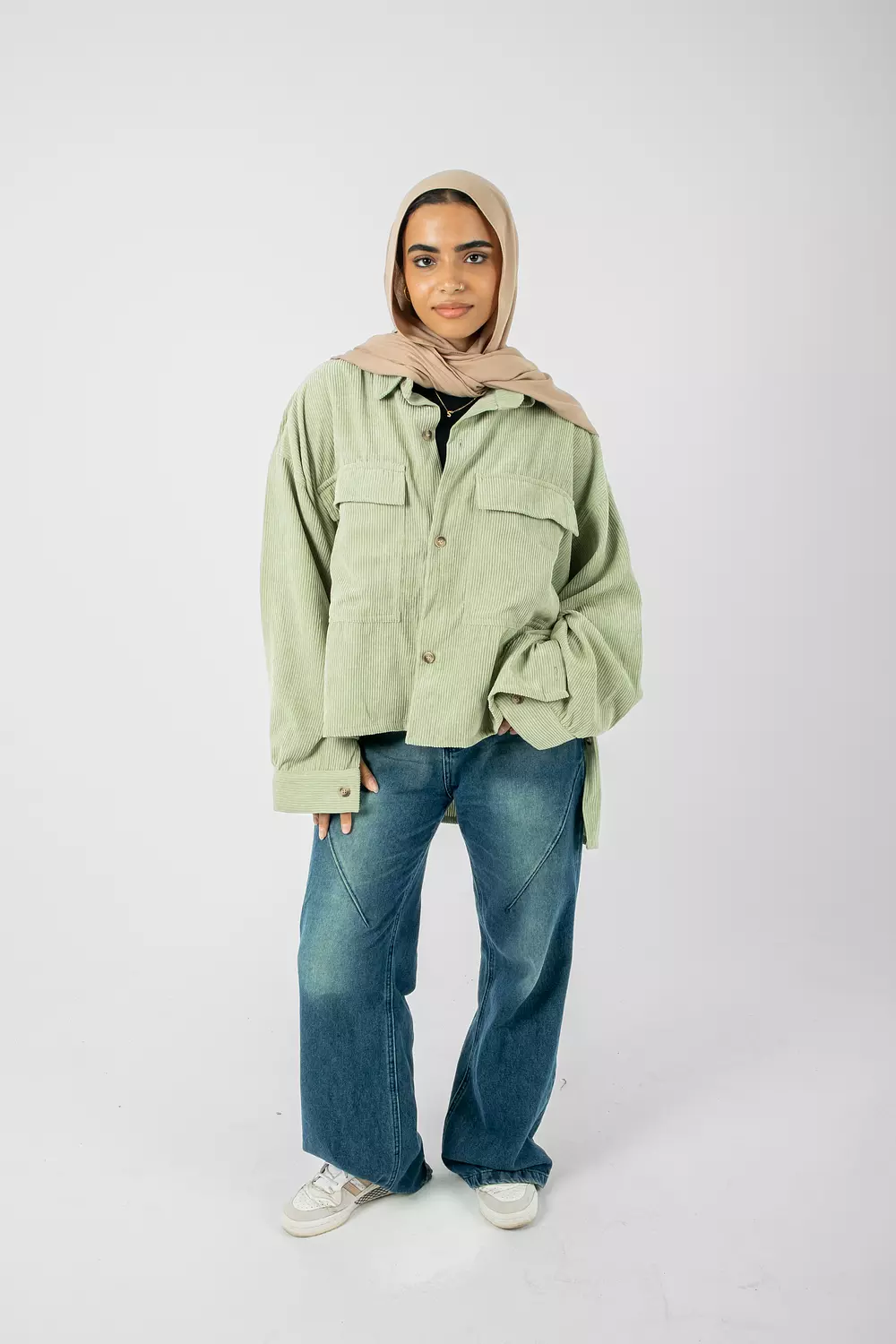 Oversized Striped Velvet Shirt in Pistachio-2nd-img