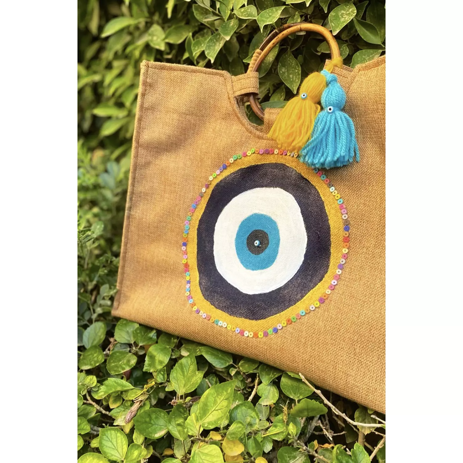 Turkish Eye Hand-Painted Burlap Tote by order 2