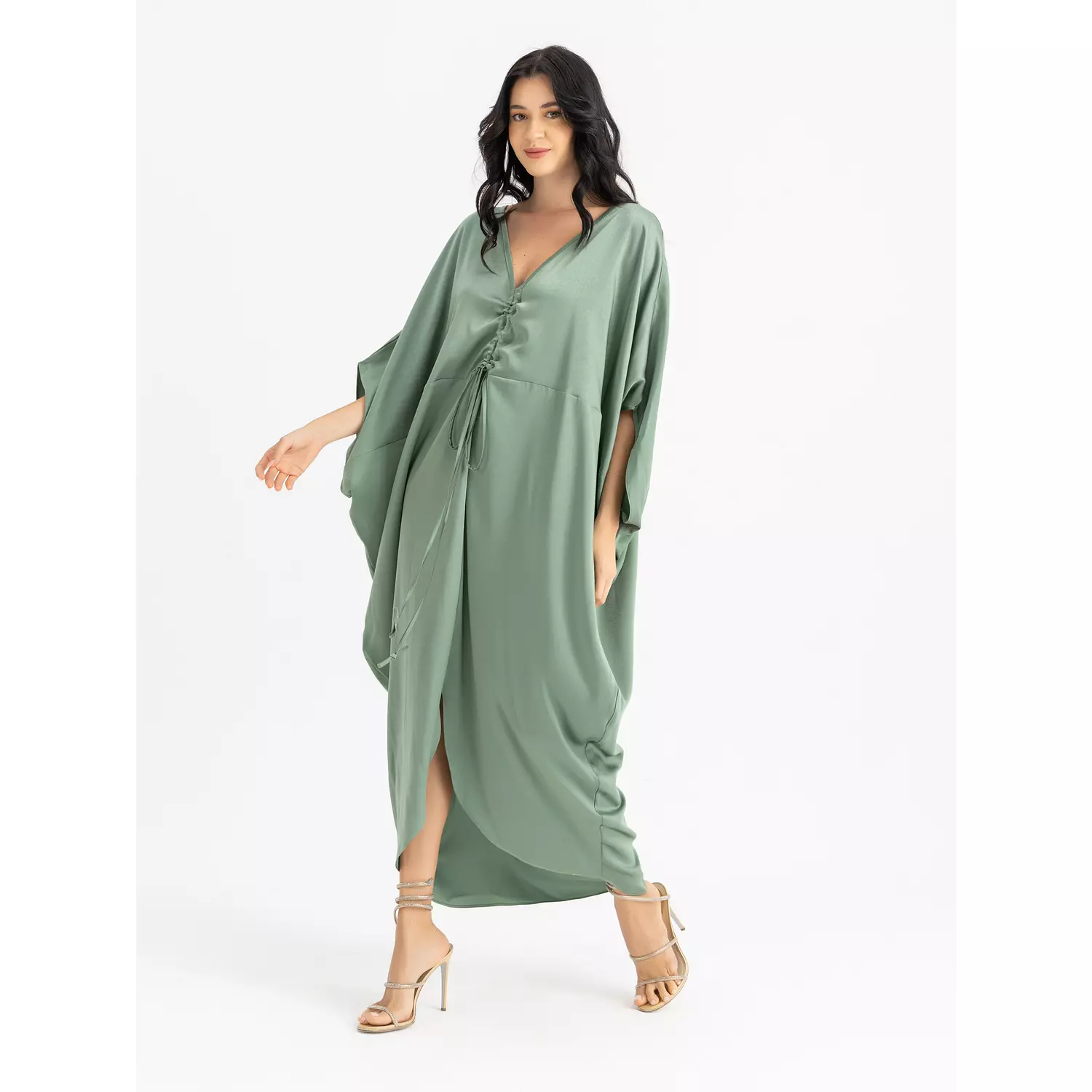 The KAMILIA gathered satin kaftan  hover image