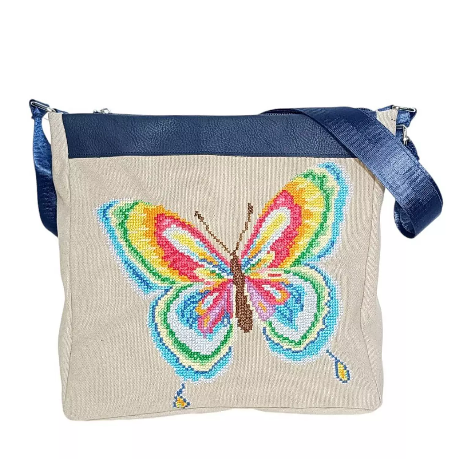 navy leather & off-white dekke with multicolor butterfly cross-body bag (A.112-4) hover image