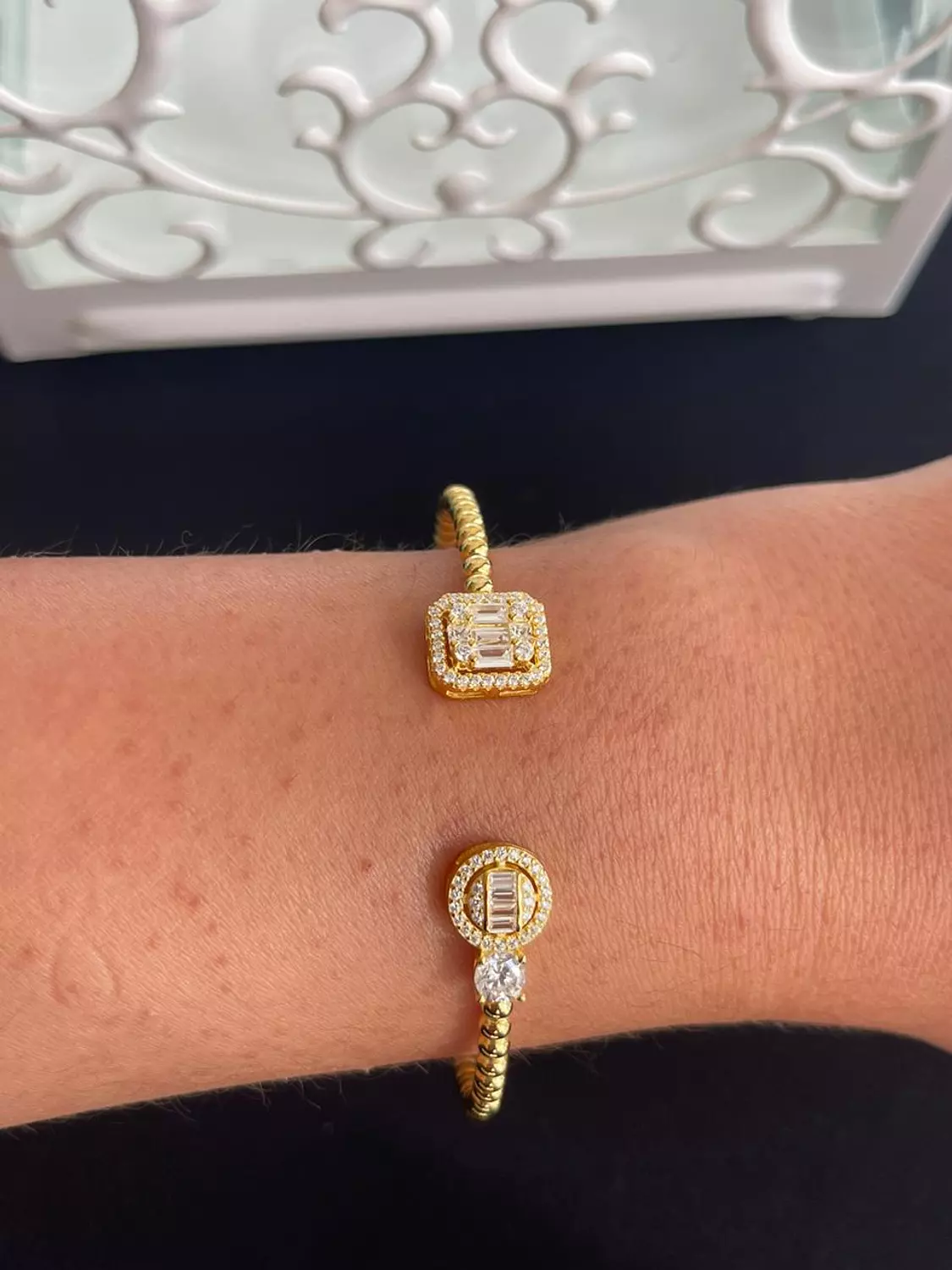 Round and square stones braided bangle gold plated hover image