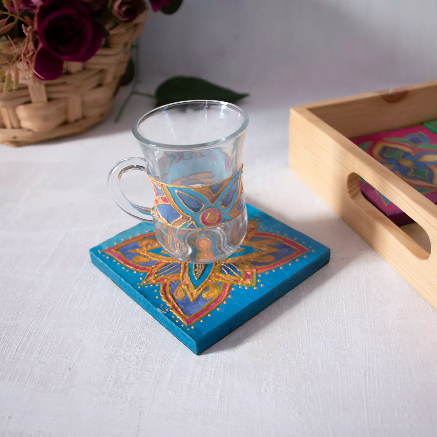 Arabic Blossom coasters wooden tray   2